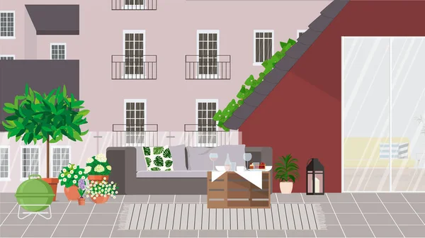 Balkon mit Glasgeländer, Gartenmöbeln, Grill, Topfpflanzen und Stadtblick. — Stockvektor