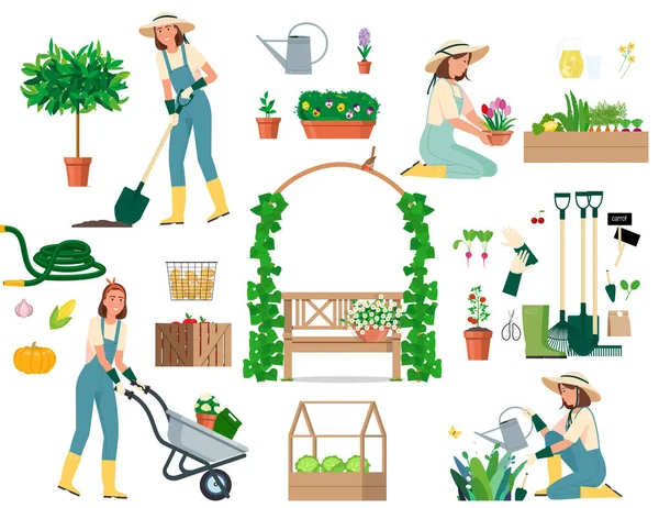 Zestaw dziewczyna w kombinezonie pracuje w ogrodzie. — Wektor stockowy