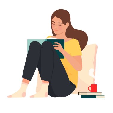 Kitap okuyan güzel bir kızın vektör çizimi.