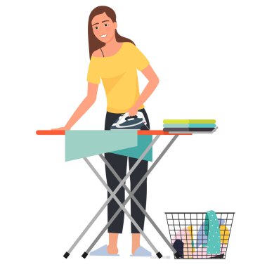 Giysileri ütüleyen kadının vektör çizimi