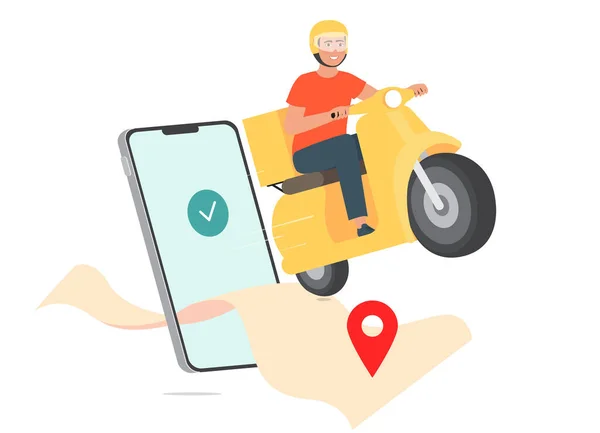Motosikletli bir erkek teslimatçı akıllı telefonu bırakıyor..