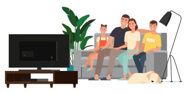 Evde televizyon izleyen mutlu bir aile.