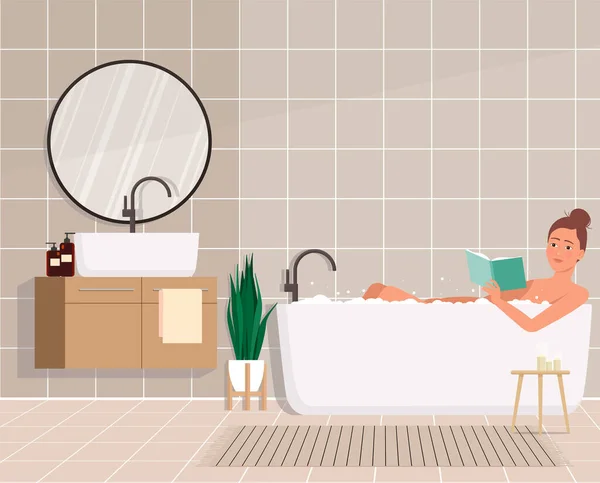 Femme Lecture Livre Dans Salle Bain — Image vectorielle