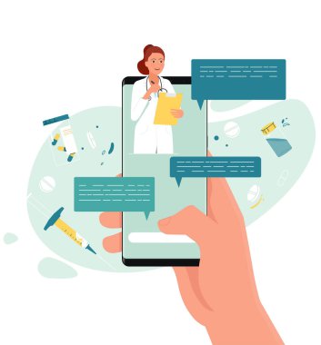Ulaktaki akıllı telefon ekranında bir doktorla çevrimiçi istişare.