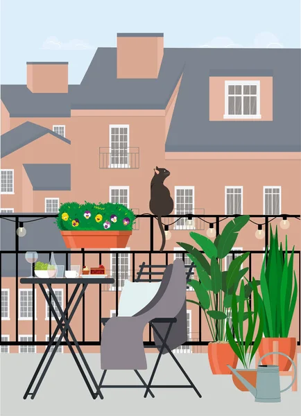 Une Table Avec Une Chaise Sur Balcon Chat Assis Sur — Image vectorielle