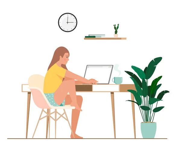 La chica trabaja en la computadora mientras está sentada en el escritorio . — Archivo Imágenes Vectoriales