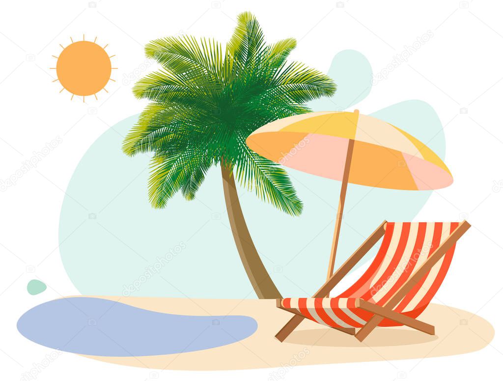 Vacation concept, beach, deck chair, umbrella, sun
