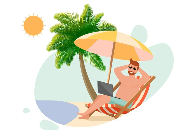 A man lies in a deck chair with a laptop on the beach. — Stock Vector