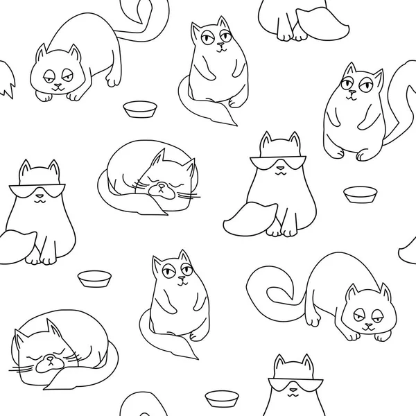 Black Cute Cats Isolated White Background Seamless Pattern Vector Illustration — Stock Vector