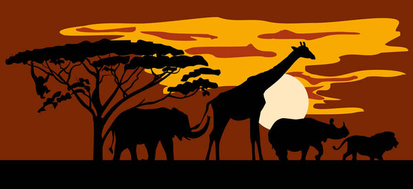 Silhouettes of animals on the background of Savannah. Lion, Rhino, giraffe, elephant, monkey. Horizontal background. vector
