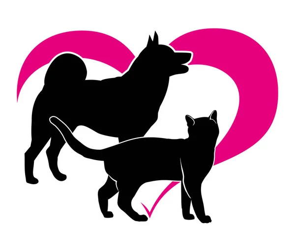 Silueta Negra Gato Perro Fondo Del Corazón Magenta Vector Aislamiento — Archivo Imágenes Vectoriales