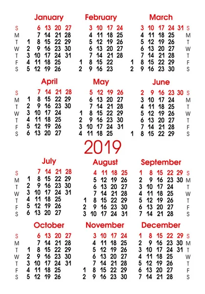 Cuadrícula Calendario 2019 Alineación Vertical Números Domingo Sábado Vector — Vector de stock