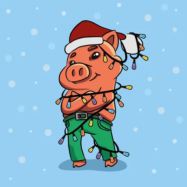 Funny Cartoon Pig Garland Hat Holiday Card Vector Illustration — Stock Vector