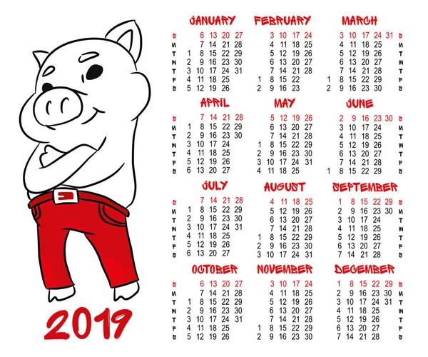 Calendario 2019 Divertido Cerdo Dibujos Animados Pantalones Rojos Ilustración Vectorial — Vector de stock