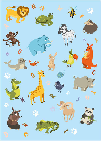 Blue vertical background with animals and different letters. Vector 2D illustration