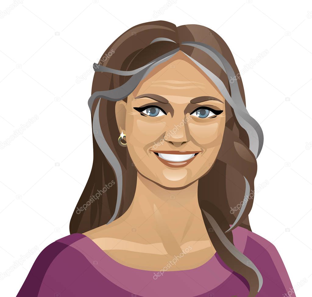 Beautiful old woman. Isolated portrait. Vector 2D illustration
