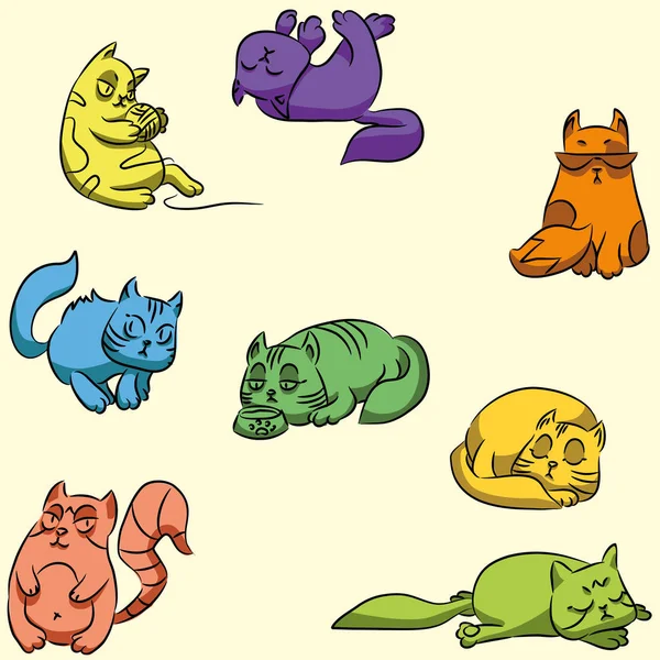 Set Coloridos Gatos Guardianes Fondo Pantalla Sin Costuras Para Habitación — Archivo Imágenes Vectoriales