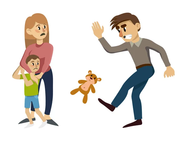 Criança Está Assustada Abraça Sua Mãe Homem Chuta Brinquedo Ilustração — Vetor de Stock