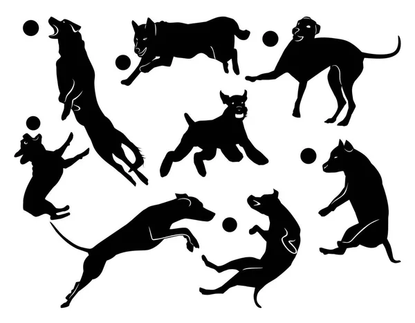 陽気なジャンプ犬のセットです 白い背景に黒のシルエット ベクトル フラット図 — ストックベクタ