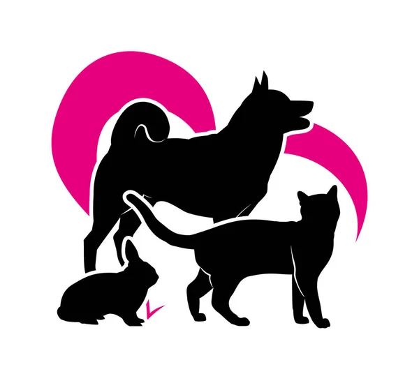 Μαύρες Σιλουέτες Γάτα Σκύλο Και Κουνέλι Στο Φόντο Του Ματζέντα — Διανυσματικό Αρχείο