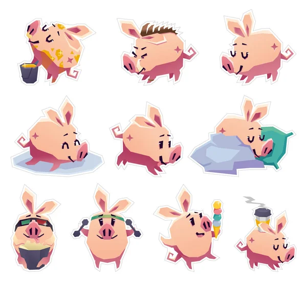 Conjunto Adesivos Porcos Desenhos Animados Animais Ativos Diferentes Situações Ilustração — Vetor de Stock