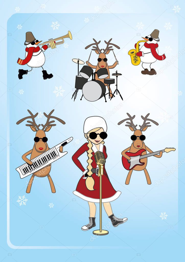 Christmas music group. Deer and snowman playing musical instruments, snow maiden sings. Vector