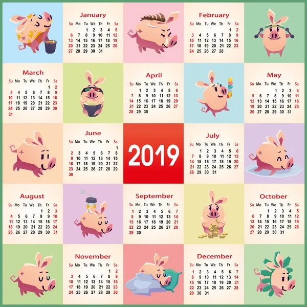 Čtvercový Kalendář 2019 Prasaty Kreslené Vektorové Ilustrace Plochá — Stockový vektor