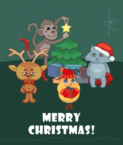 Merry Christmas Different Animals Celebrate Christmas Deer Chicken Kitten Monkey — Stock Vector