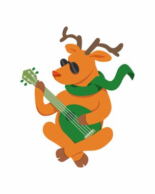 Noel geyiği ukulele üzerinde oynama. Şenlikli bir hayvan. Vektör düz çizim