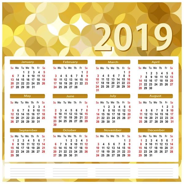Kalender 2019 Gylden Abstrakt Baggrund Vektorflad Illustration – Stock-vektor