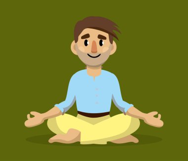 Bir adam yere oturur ve derin derin düşünür. Yoga. Vektör düz çizim