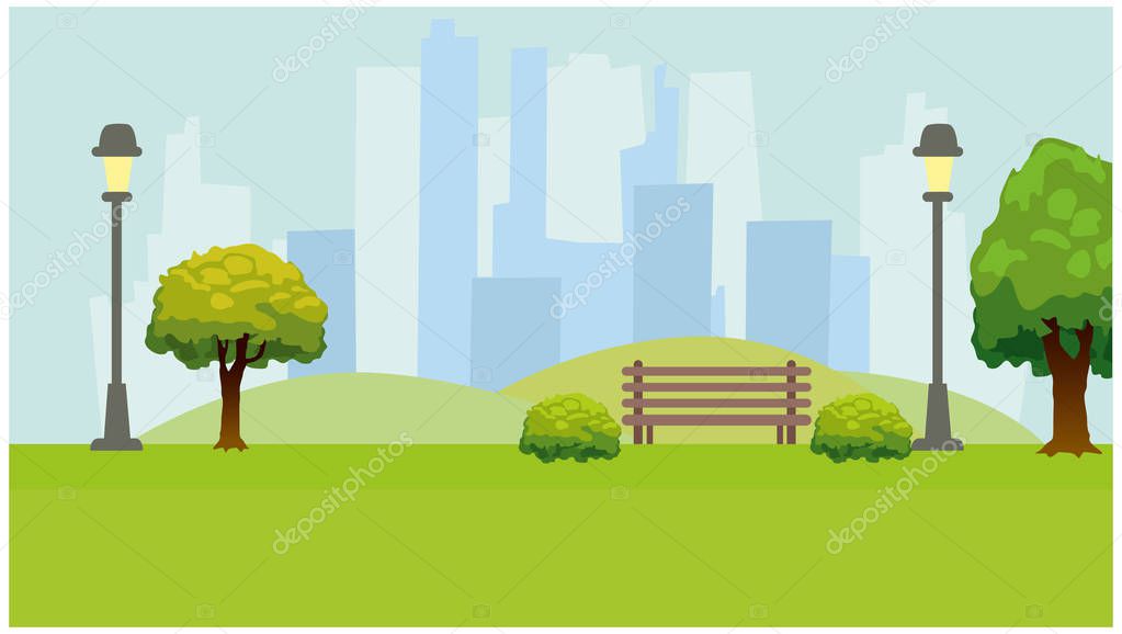 City Park, lights, trees, bench. Green horizontal background. Flat vector illustration