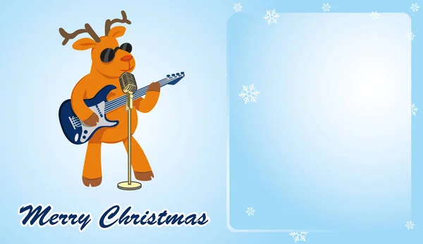 圣诞卡 驯鹿吉他手歌唱 蓝色水平背景 向量例证 — 图库矢量图片