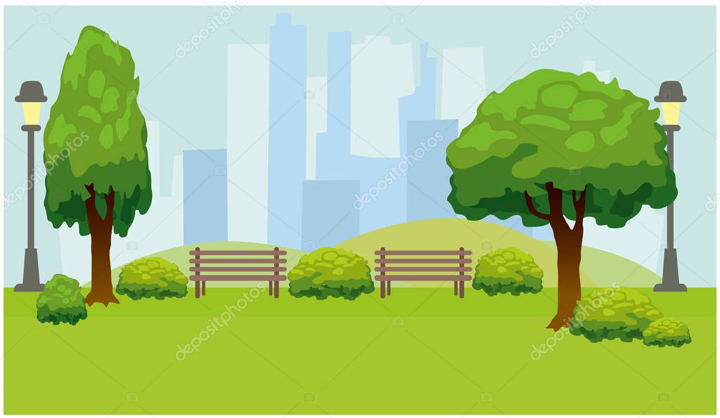 City Park with trees and benches. Green background. Vector