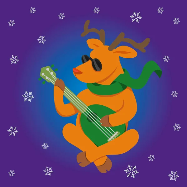 Reindeer playing the ukulele. square card. merry Christmas — Stock Vector