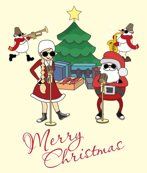 Greeting card. Christmas, Santa, Christmas tree, snowmen musicia — Stock Vector