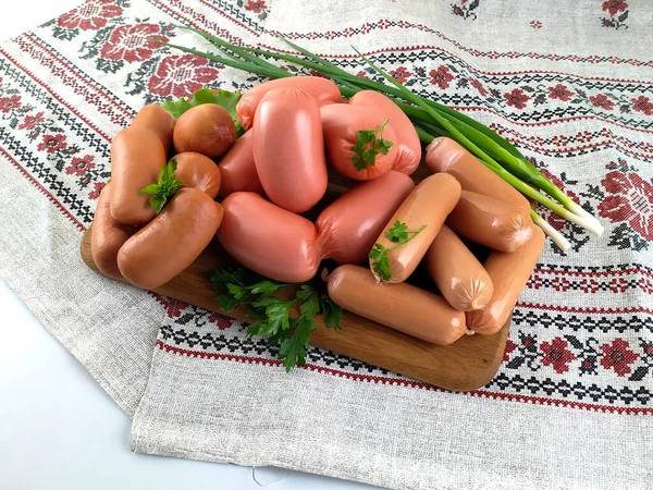 Fresh Meat Sausages Board Food Objects Horizontal Background — Stock Photo, Image