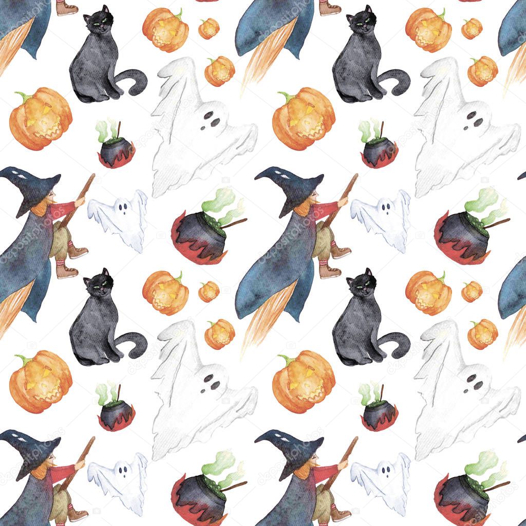 halloween watercolor pattern with witch