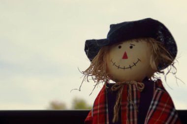 Country scarecrow in red and blue against a light sky, shot in landscape clipart