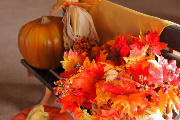 Fall Bench Display Leaves Pumpkins Corn Right Side Wide Angle — Stock Photo, Image