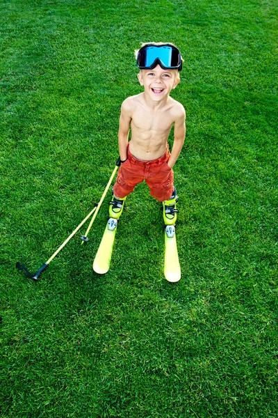 Funny Little Skier Ski Green Grass Active Helathy Childhood Concept — Stock Photo, Image