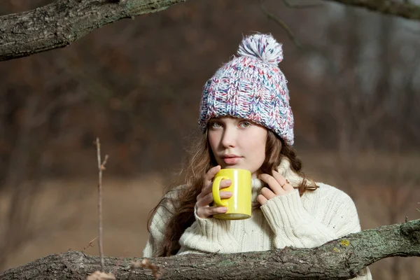 Junge Frau Trinkt Tee Herbstlicher Landschaft — Stockfoto