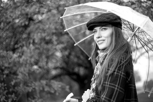 Portrait Happy Woman Holding Umbrella Outdoor Scene Autumn Black White — Stock Photo, Image
