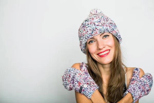 Beautiful Woman Wearing Knitted Hat Isolated White Background — Stock Photo, Image