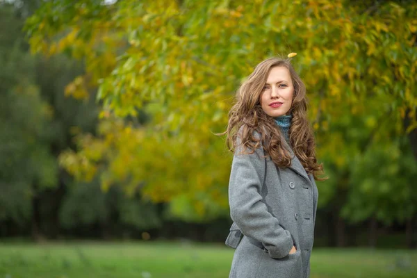 Junge Brünette Frau Grauen Wollmantel Auf Dem Hintergrund Herbst Park — Stockfoto