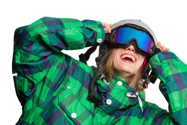 Active Young Ski Woman Portrait Wearing Winter Clothing Isolated White — Stock Photo, Image