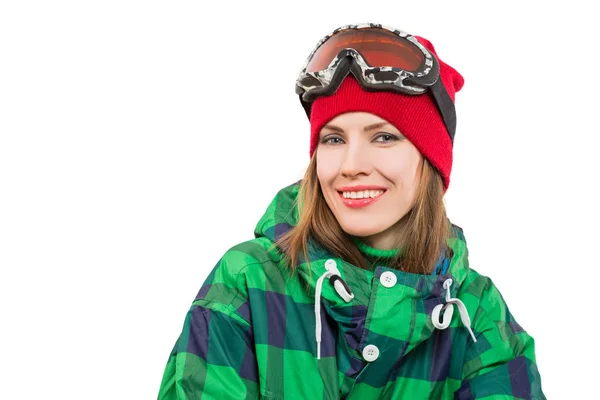 Retrato Jovem Mulher Esqui Ativo Vestindo Roupas Inverno Isolado Sobre — Fotografia de Stock