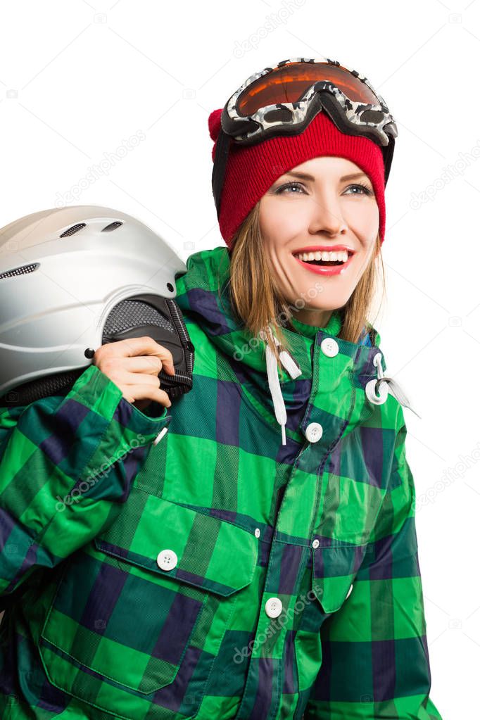 Active young ski woman portrait wearing winter clothing isolated over white