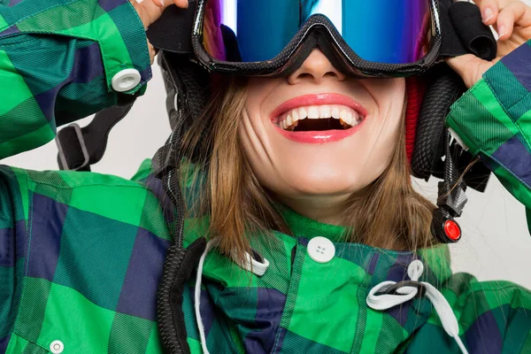 Portret Snowboarder Gogle Narciarskie Białym Tle — Zdjęcie stockowe