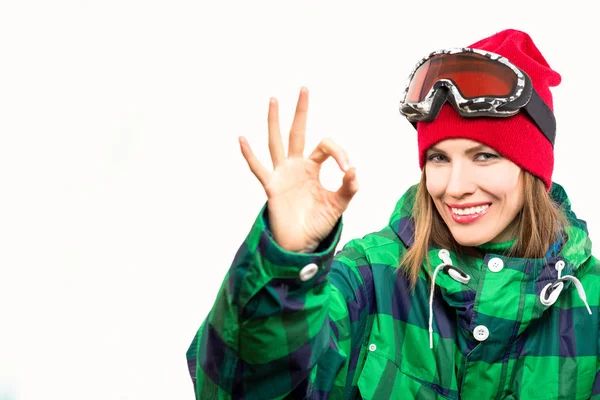 Ritratto Sciatore Snowboarder Che Mostra Pollici Alto — Foto Stock